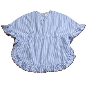 MINI BODEN Pompom Cotton Cover-up Poncho Caftan Blue & White Stripe Sz 3-4 Yrs